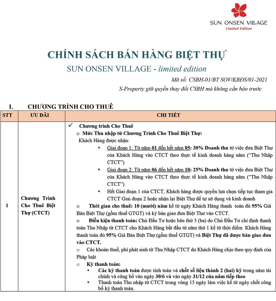 Chính sách bán hàng biệt thự Sun Onsen Village Limited Edition tháng 01/2021. Chính sách bán hàng biệt thự Sun Onsen Village Limited Edition tháng 01/2021.