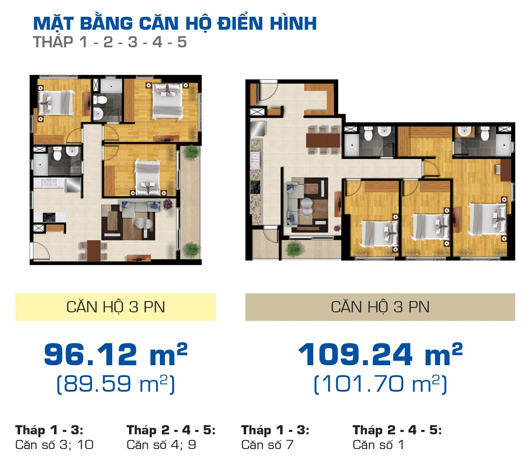 Layout căn hộ điển hình Tòa Tháp 1, 2, 3, 4, 5. Loại 3 phòng ngủ 96m2 và 3 phòng ngủ 109m2.
