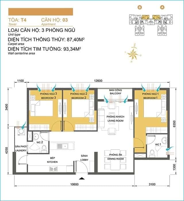 Layout thiết kế căn hộ 03, Tòa T4, dự án Masteri Thảo Điền