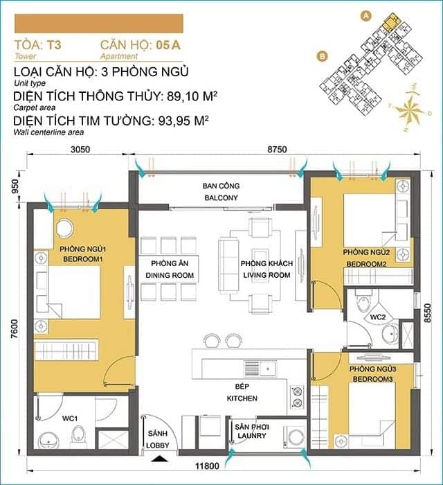Layout thiết kế căn hộ 05, Tòa T3, dự án Masteri Thảo Điền