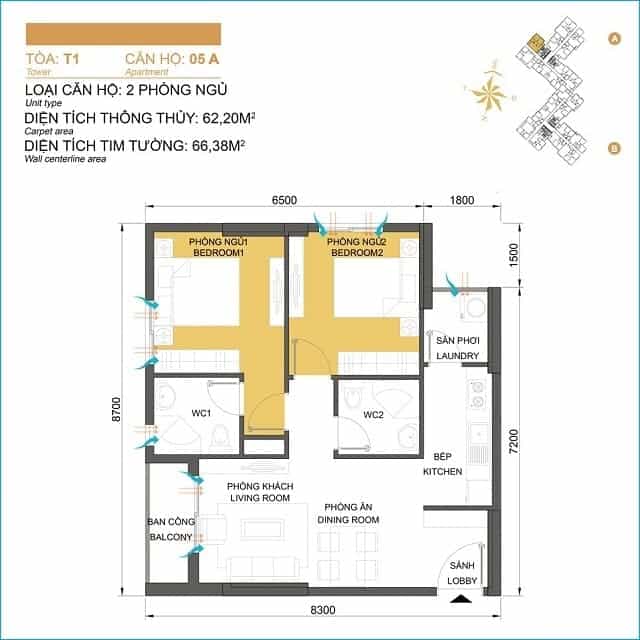 Layout thiết kế căn hộ 05A, Tòa T1, dự án Masteri Thảo Điền