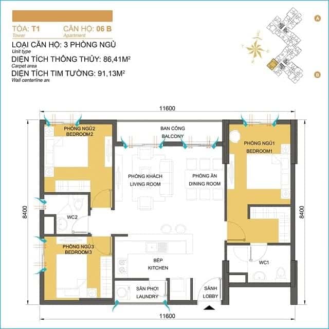Layout thiết kế căn hộ 06B, Tòa T1, dự án Masteri Thảo Điền