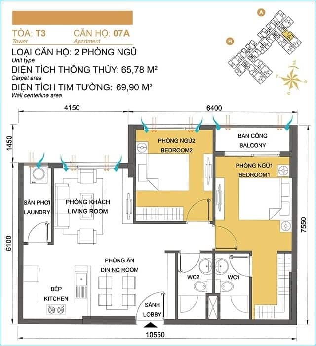 Layout thiết kế căn hộ 07, Tòa T3, dự án Masteri Thảo Điền