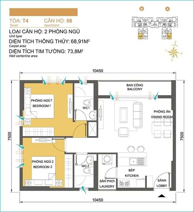 Layout thiết kế căn hộ 08, Tòa T4, dự án Masteri Thảo Điền