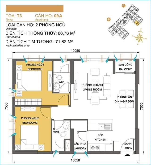 Layout thiết kế căn hộ 09, Tòa T3, dự án Masteri Thảo Điền