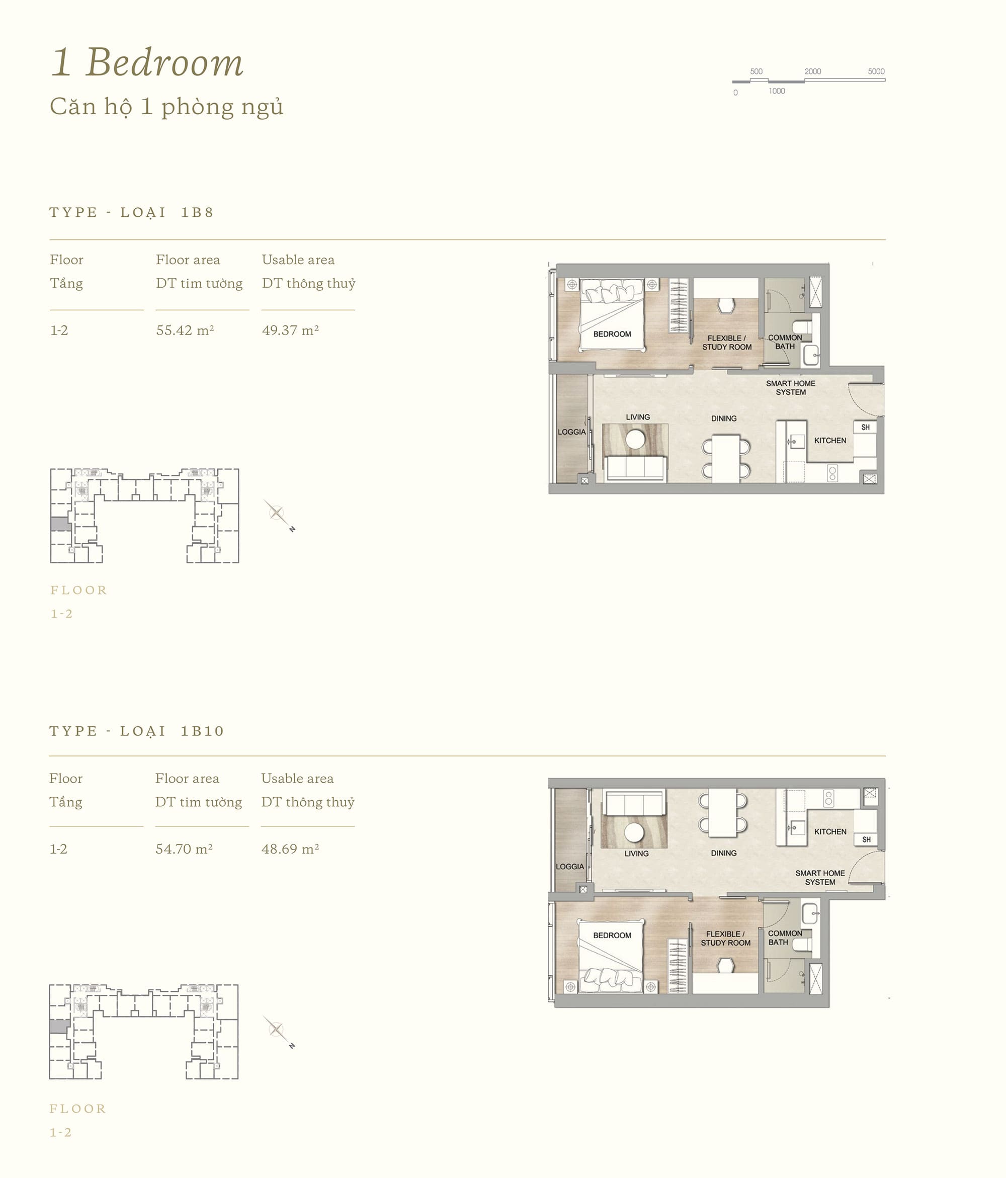 Layout thiết kế căn hộ 1 Phòng Ngủ loại 1B8 và 1B10 của The MarQ