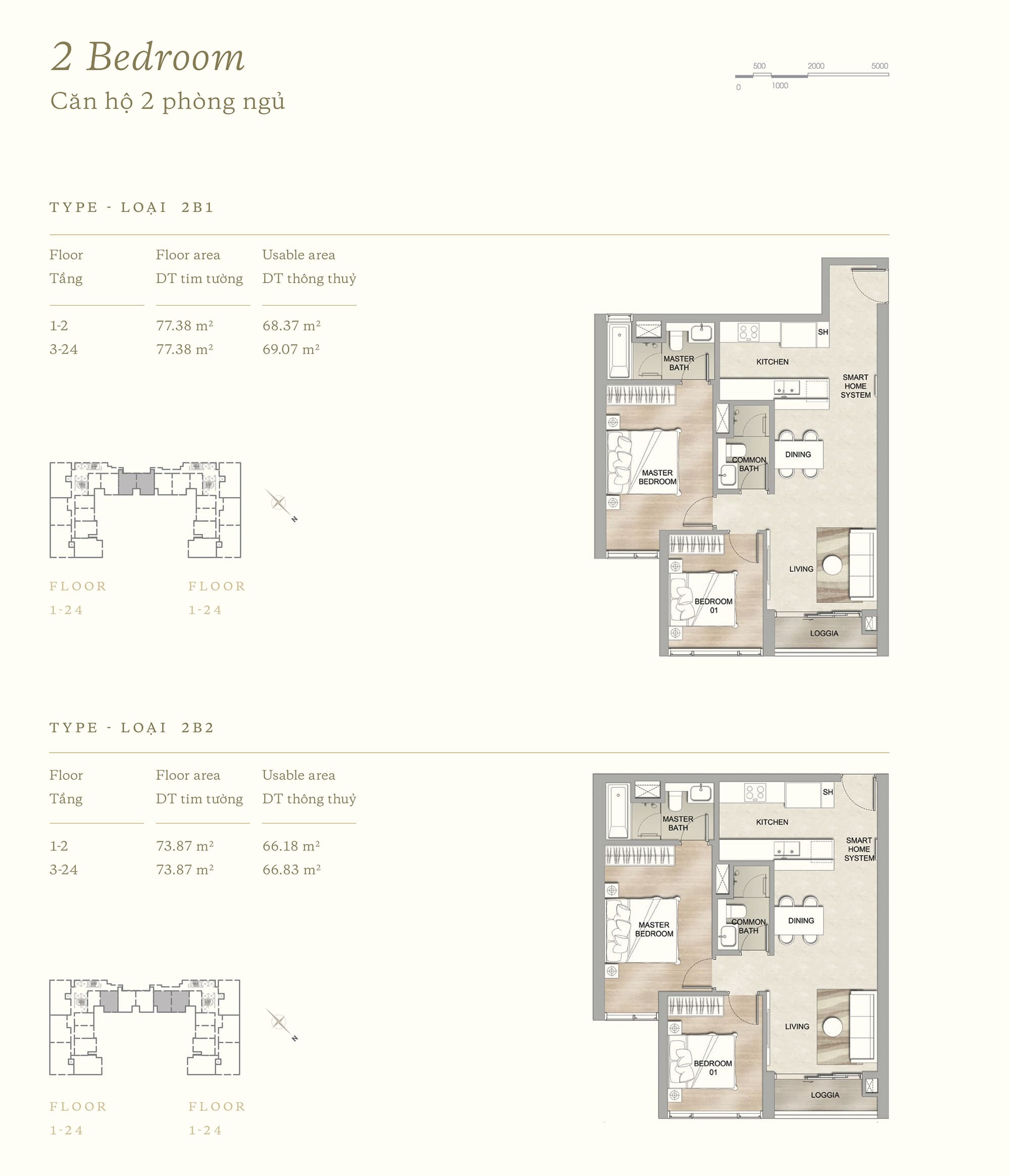 Layout thiết kế căn hộ 2 Phòng Ngủ loại 2B1 và 2B2 của The MarQ