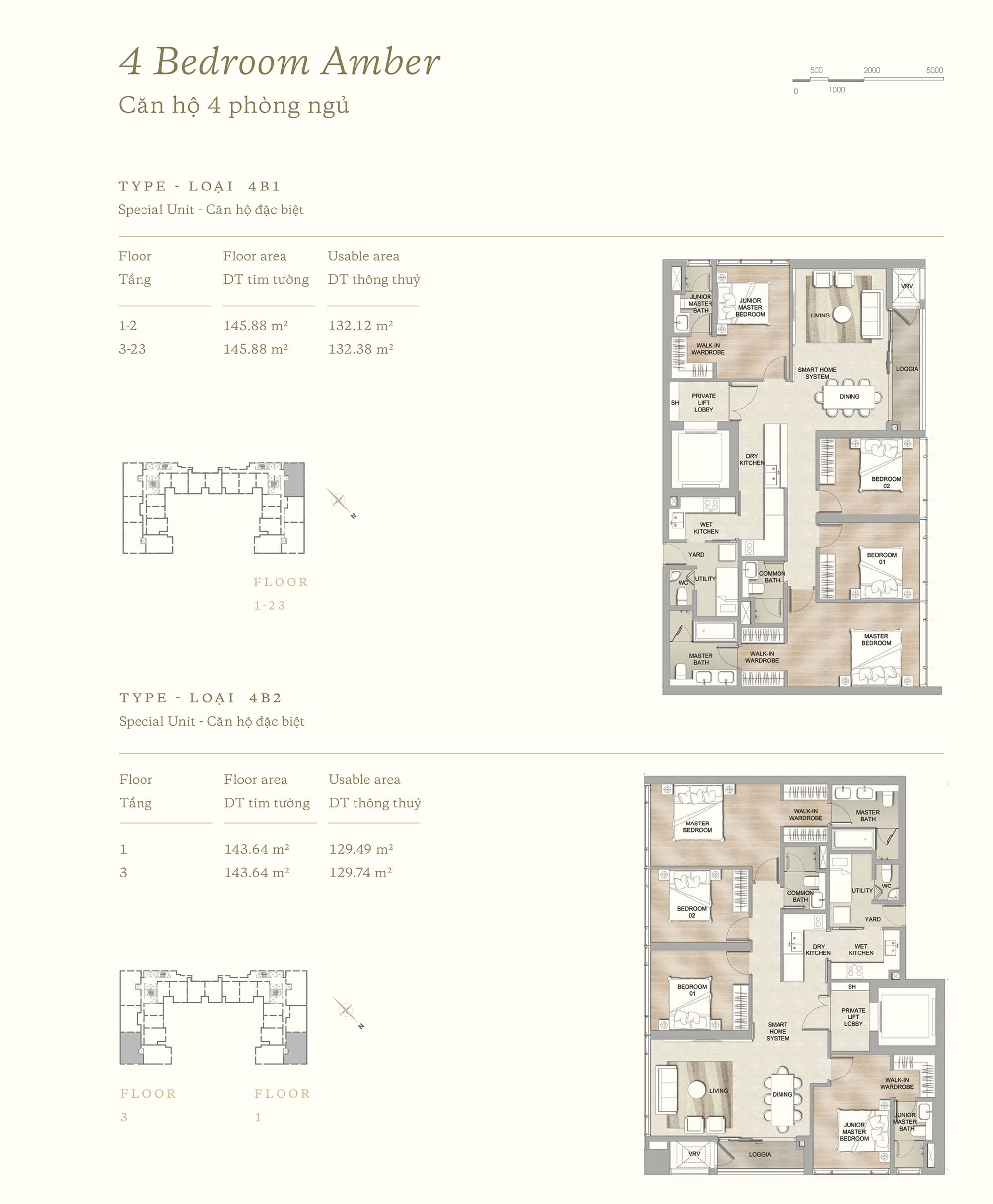Layout thiết kế căn hộ 4 Phòng Ngủ loại 4B1 và 4B2 của The MarQ