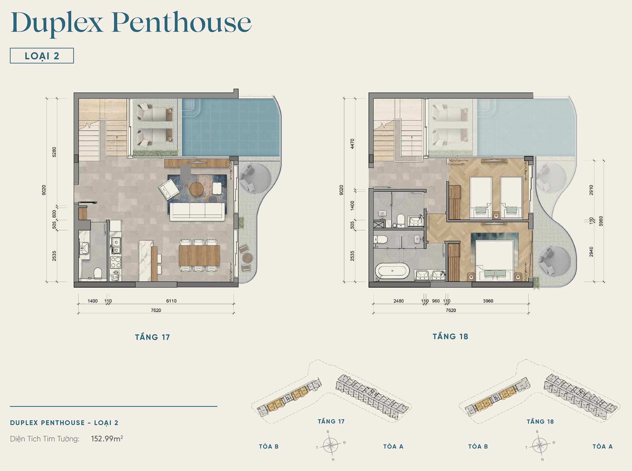 Layout Căn Hộ Duplex Penthouse, Loại 2, Tầng 17 và Tầng 18 tòa Condotel Ixora Hồ Tràm.