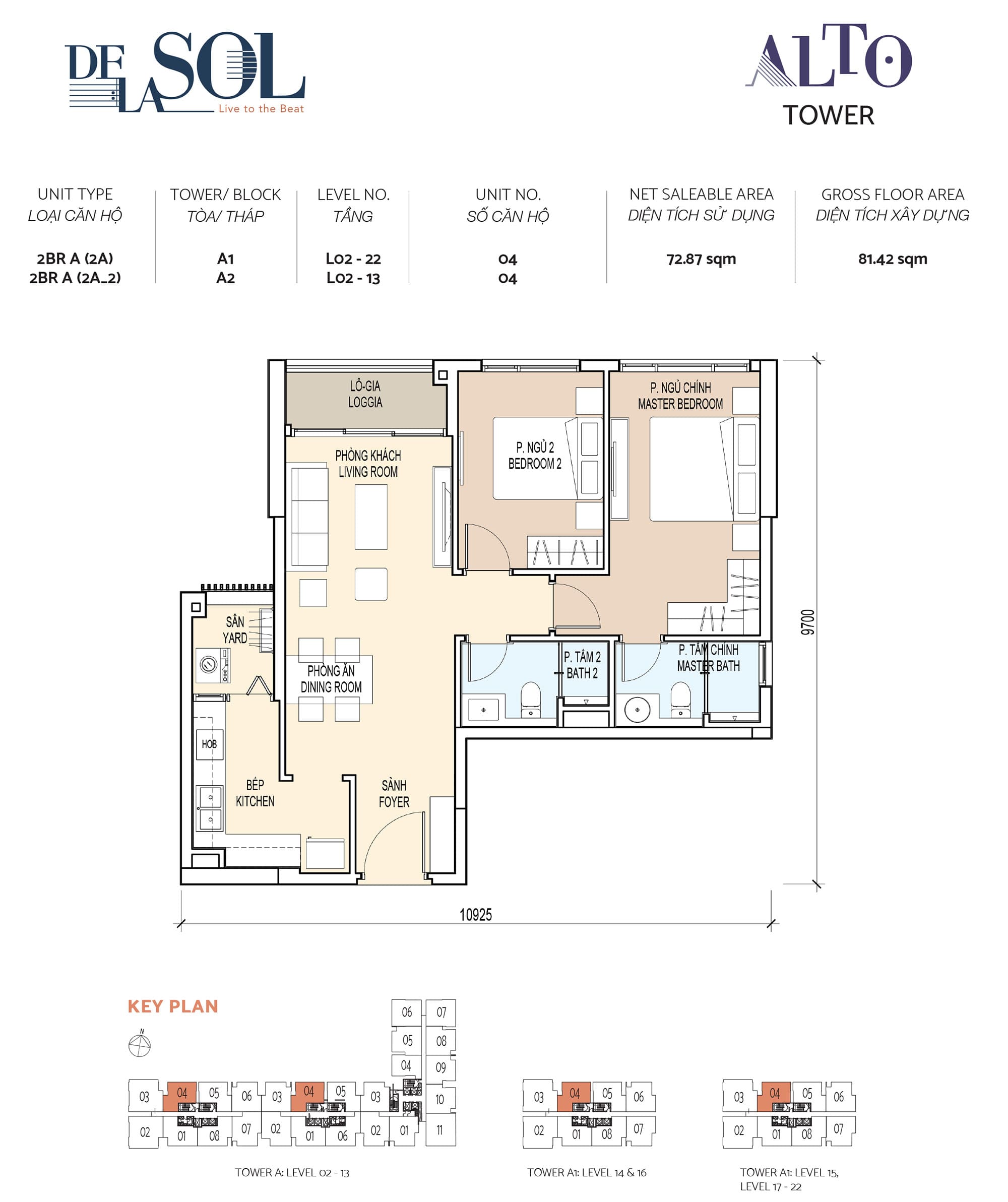 Layout căn hộ 2 Phòng Ngủ, Diện Tích 72m2, Căn số 04 Tòa Tháp A1 và A2 của Alto DeLaSol.