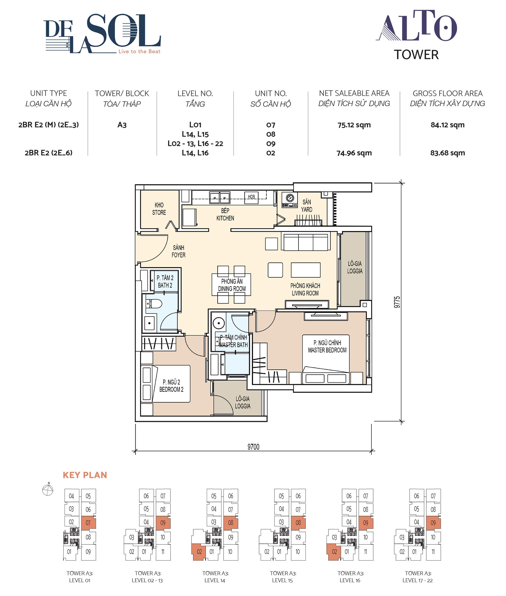 Layout căn hộ 2 Phòng Ngủ, Diện Tích 74m2 và 75m2, Căn số 02, 07, 08 và 09 Tòa Tháp A3 của Alto DeLaSol.