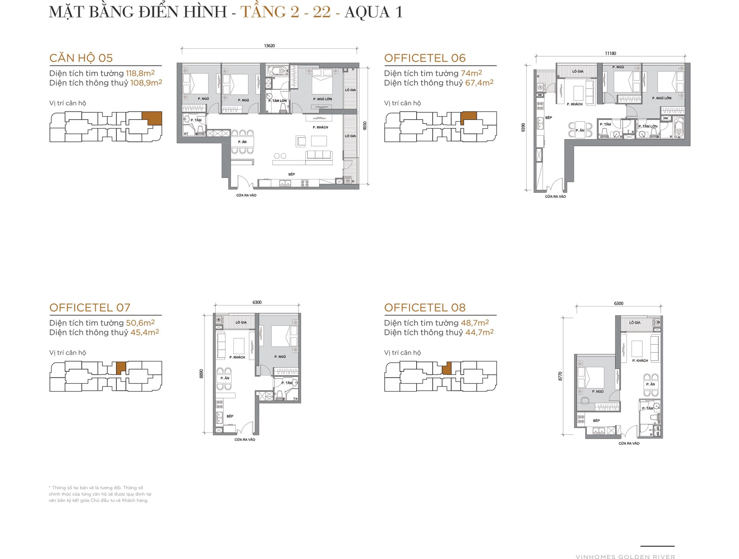 Layout căn hộ điển hình tầng 02 đến tầng 22 tòa Aqua 1 loại Căn hộ 05, Officetel 06, Officetel 07, Officetel 08.