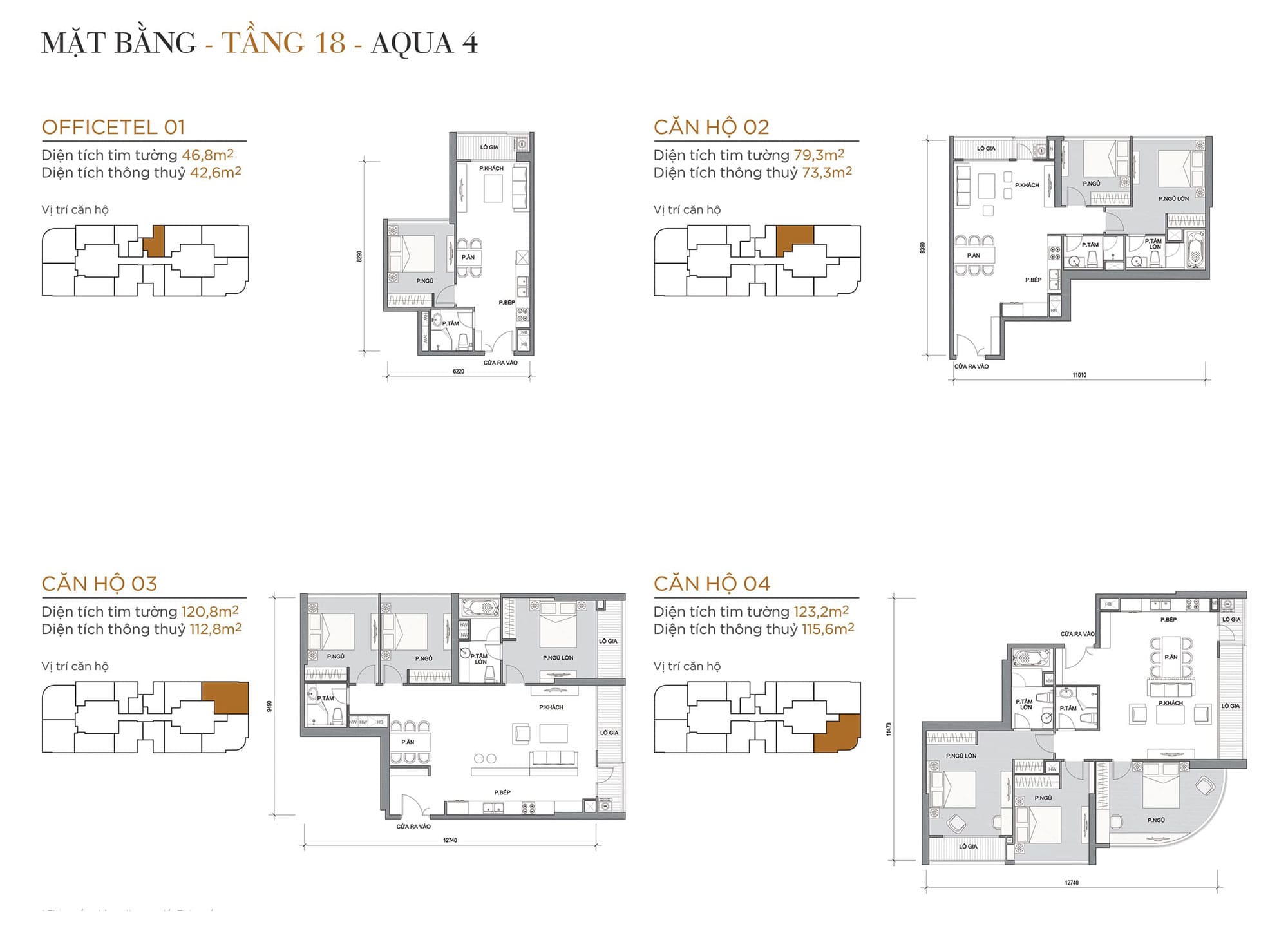Layout căn hộ tầng 18 tòa Aqua 4 loại Officetel 01, Căn hộ 02, Căn hộ 03, Căn hộ 04.