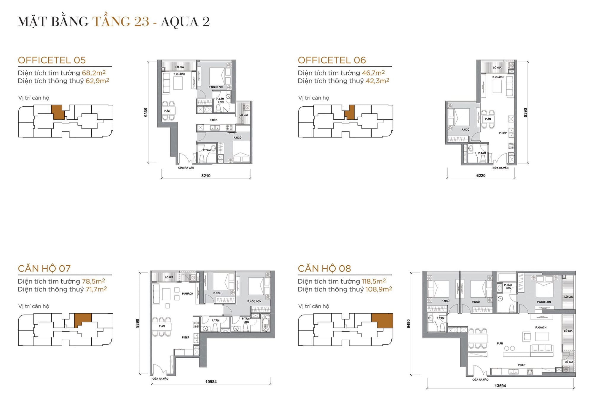 Layout căn hộ tầng 23 tòa Aqua 2 loại Officetel 05, Officetel 06, Căn hộ 07, Căn hộ 08.