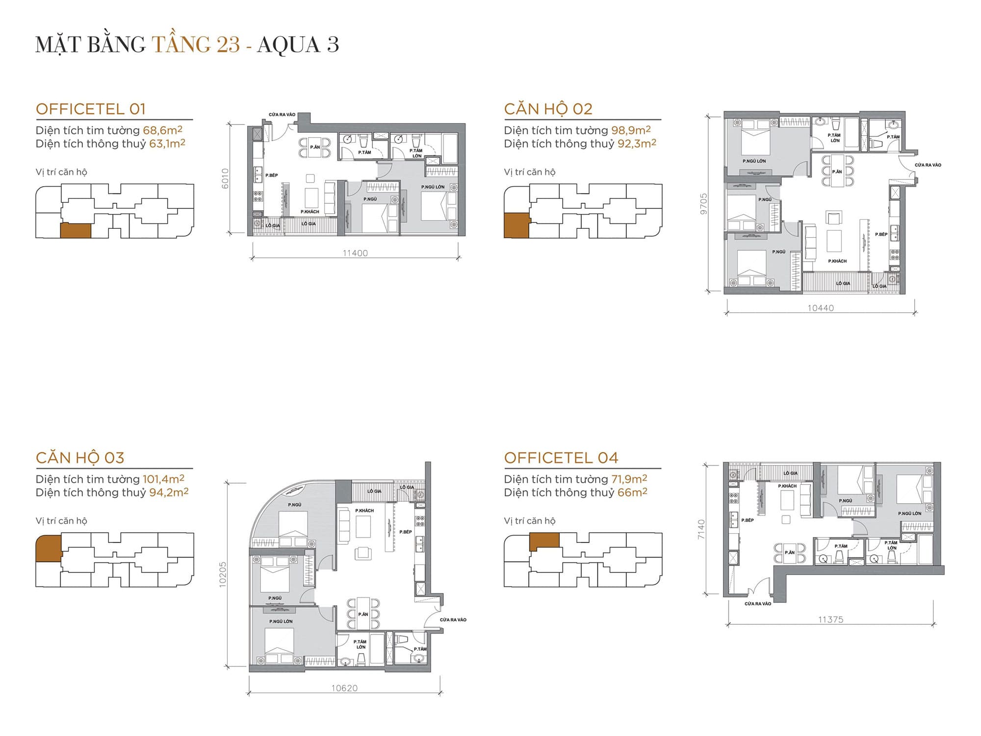 Layout căn hộ tầng 23 tòa Aqua 3 loại Officetel 01, Căn hộ 02, Căn hộ 03, Officetel 04.