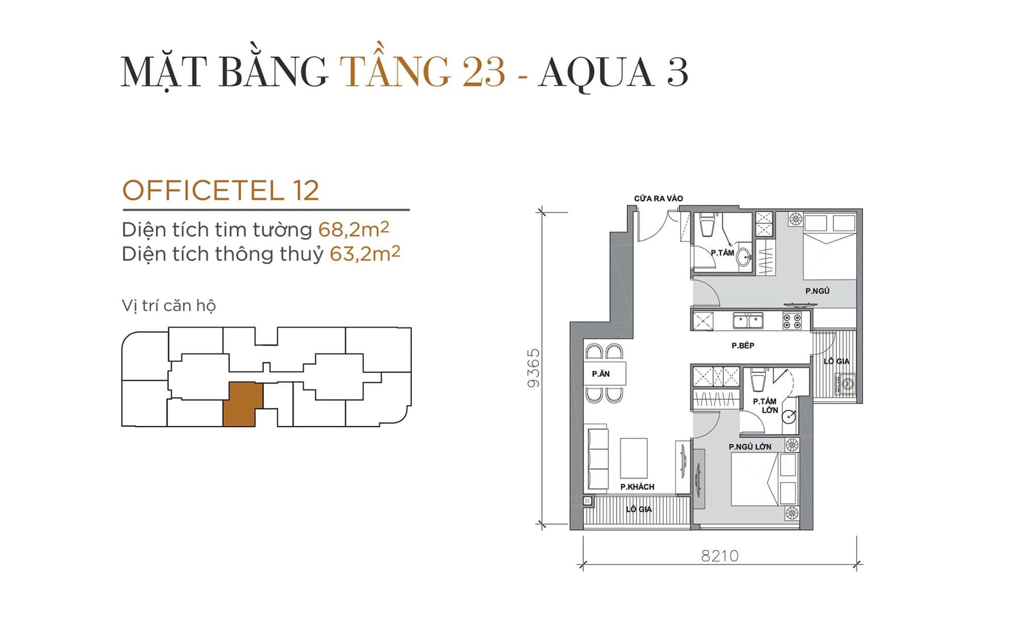 Layout căn hộ tầng 23 tòa Aqua 3 loại Officetel 12.