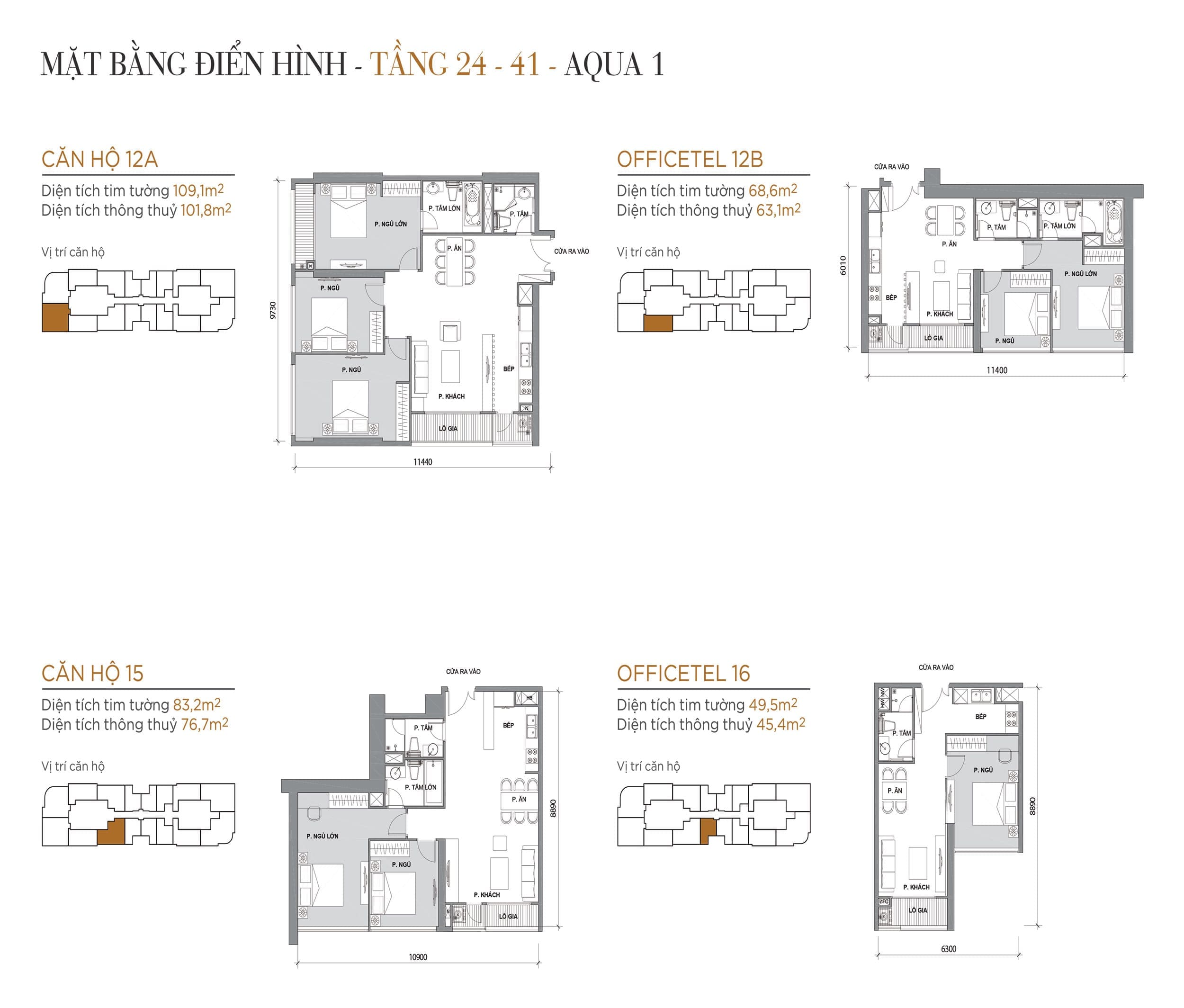 Layout căn hộ tầng 24 đến tầng 41 tòa Aqua 1 loại Căn hộ 12A, Officetel 12B, Căn hộ 15, Officetel 16.