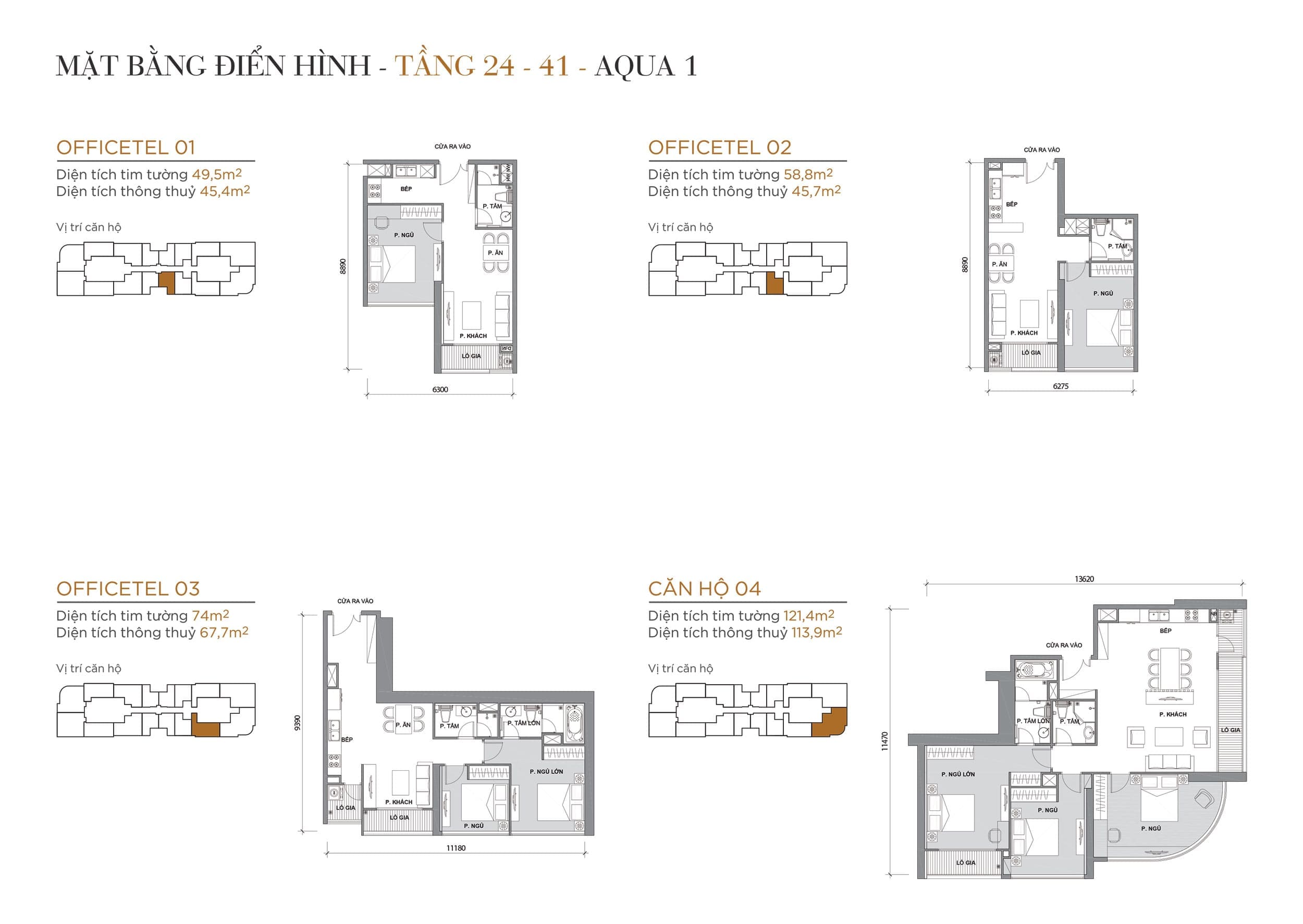 Layout căn hộ tầng 24 đến tầng 41 tòa Aqua 1 loại Officetel 01, Officetel 02, Officetel 03, Căn hộ 04.