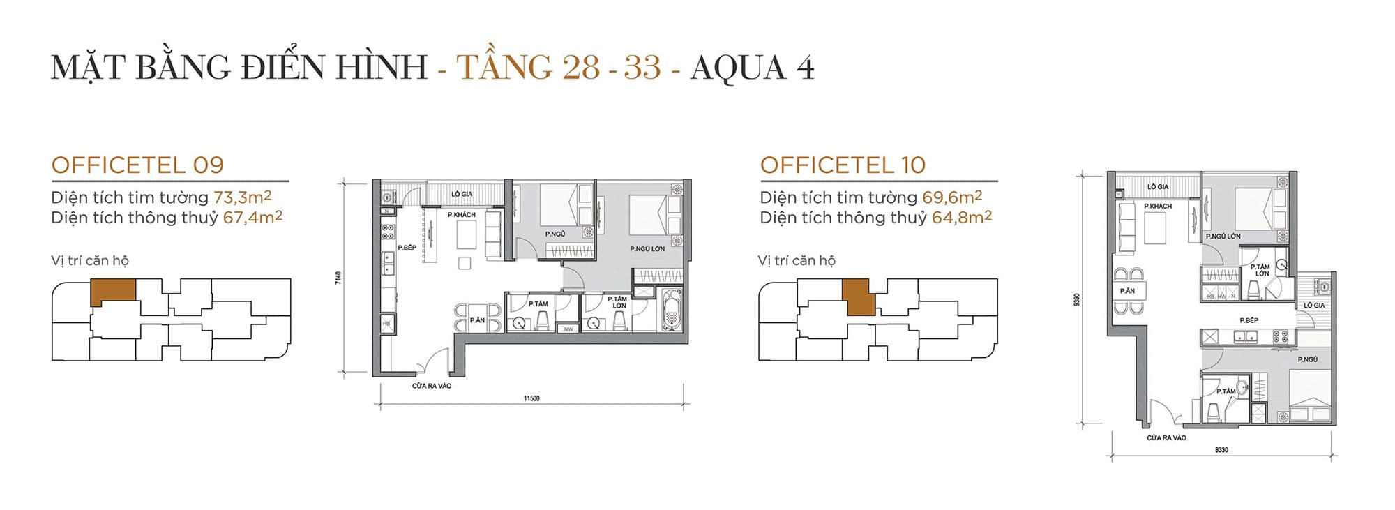 Layout căn hộ tầng 28 đến tầng 33 tòa Aqua 4 loại Officetel 09, Officetel 10.