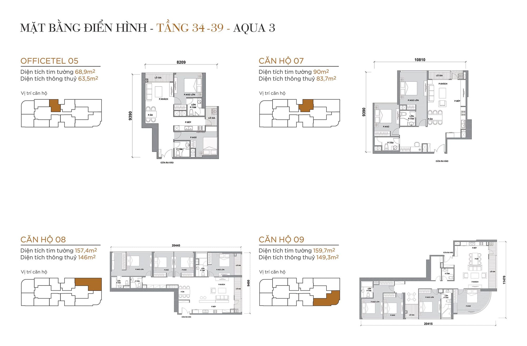Layout căn hộ tầng 34 đến tầng 39 tòa Aqua 3 loại Officetel 05, Căn hộ 07, Căn hộ 08, Căn hộ 09.