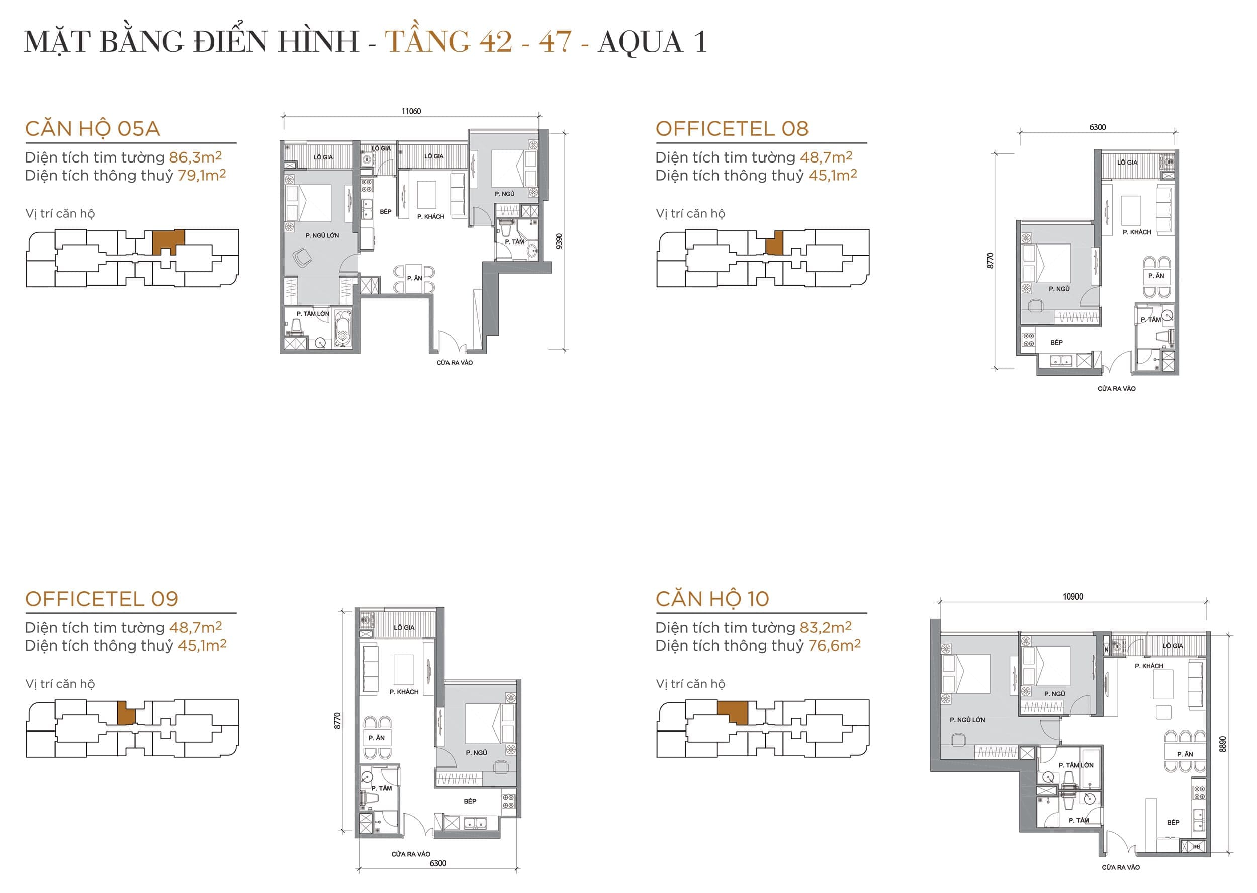 Layout căn hộ tầng 42 đến tầng 47 tòa Aqua 1 loại Căn hộ 05A, Officetel 08, Officetel 09, Căn hộ 10.