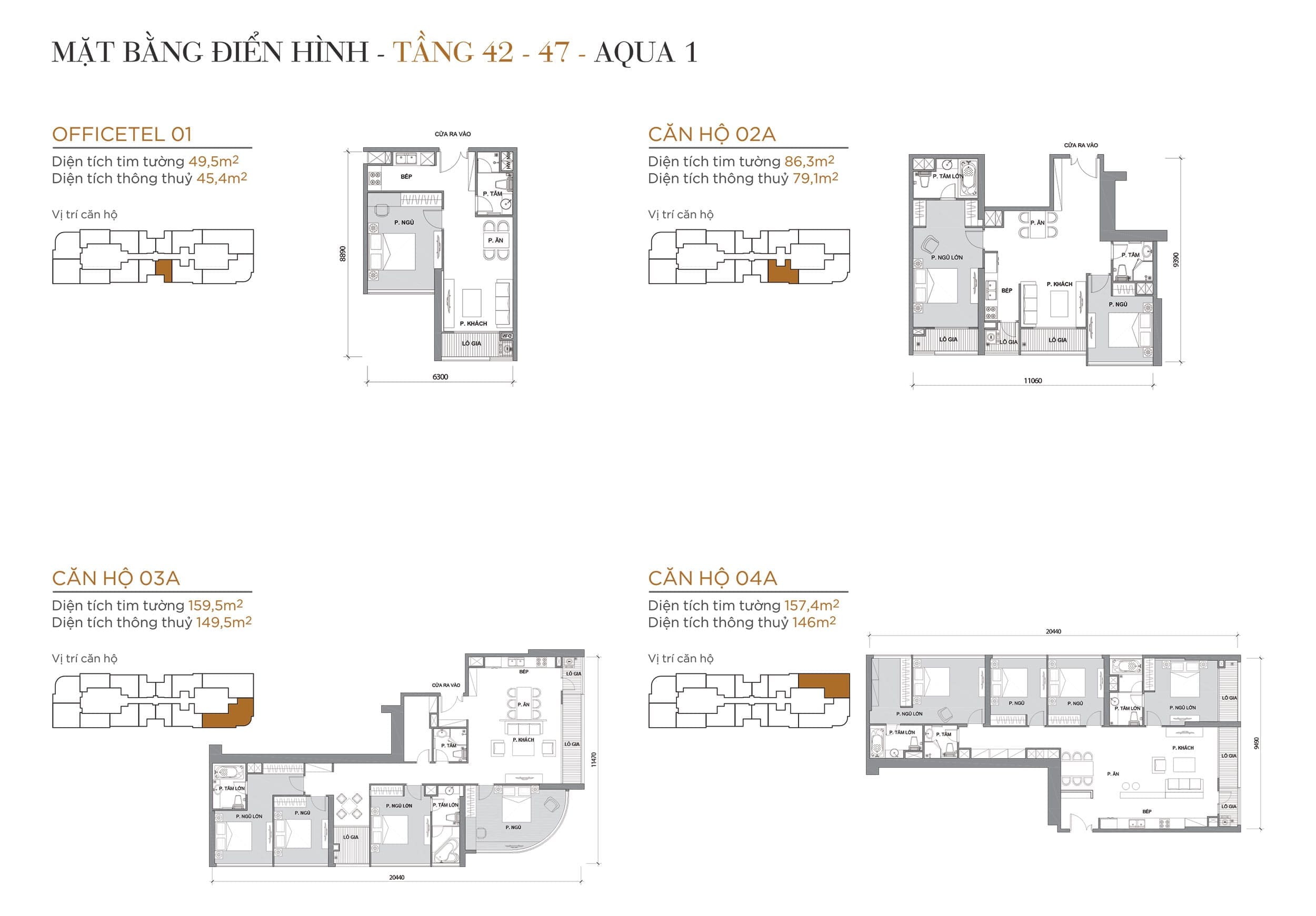Layout căn hộ tầng 42 đến tầng 47 tòa Aqua 1 loại Officetel 01, Căn hộ 02A, Căn hộ 03A, Căn hộ 04A.