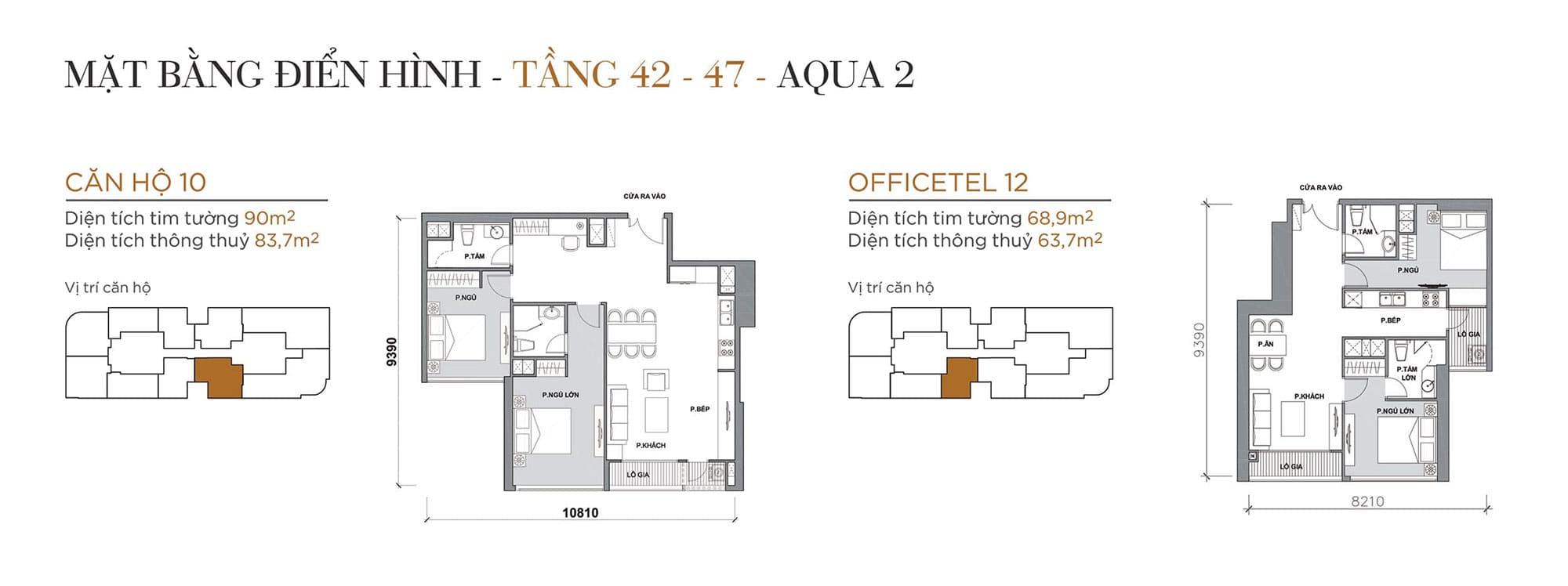 Layout căn hộ tầng 42 đến tầng 47 tòa Aqua 2 loại Căn hộ 10, Officetel 12.