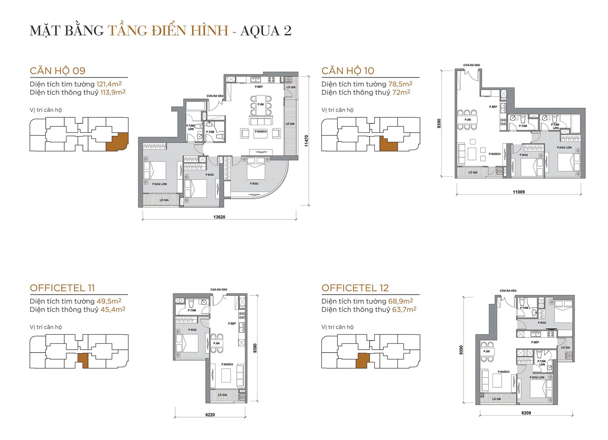 Layout căn hộ tầng điển hình tòa Aqua 2 loại Căn hộ 09, Căn hộ 10, Officetel 11, Officetel 12.
