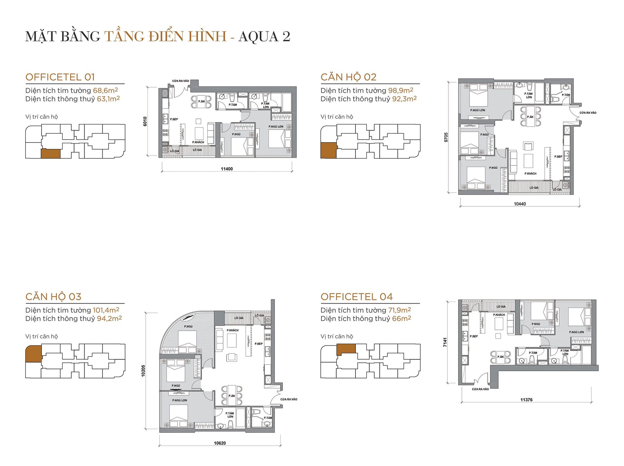 Layout căn hộ tầng điển hình tòa Aqua 2 loại Officetel 01, Căn hộ 02, Căn hộ 03, Officetel 04.