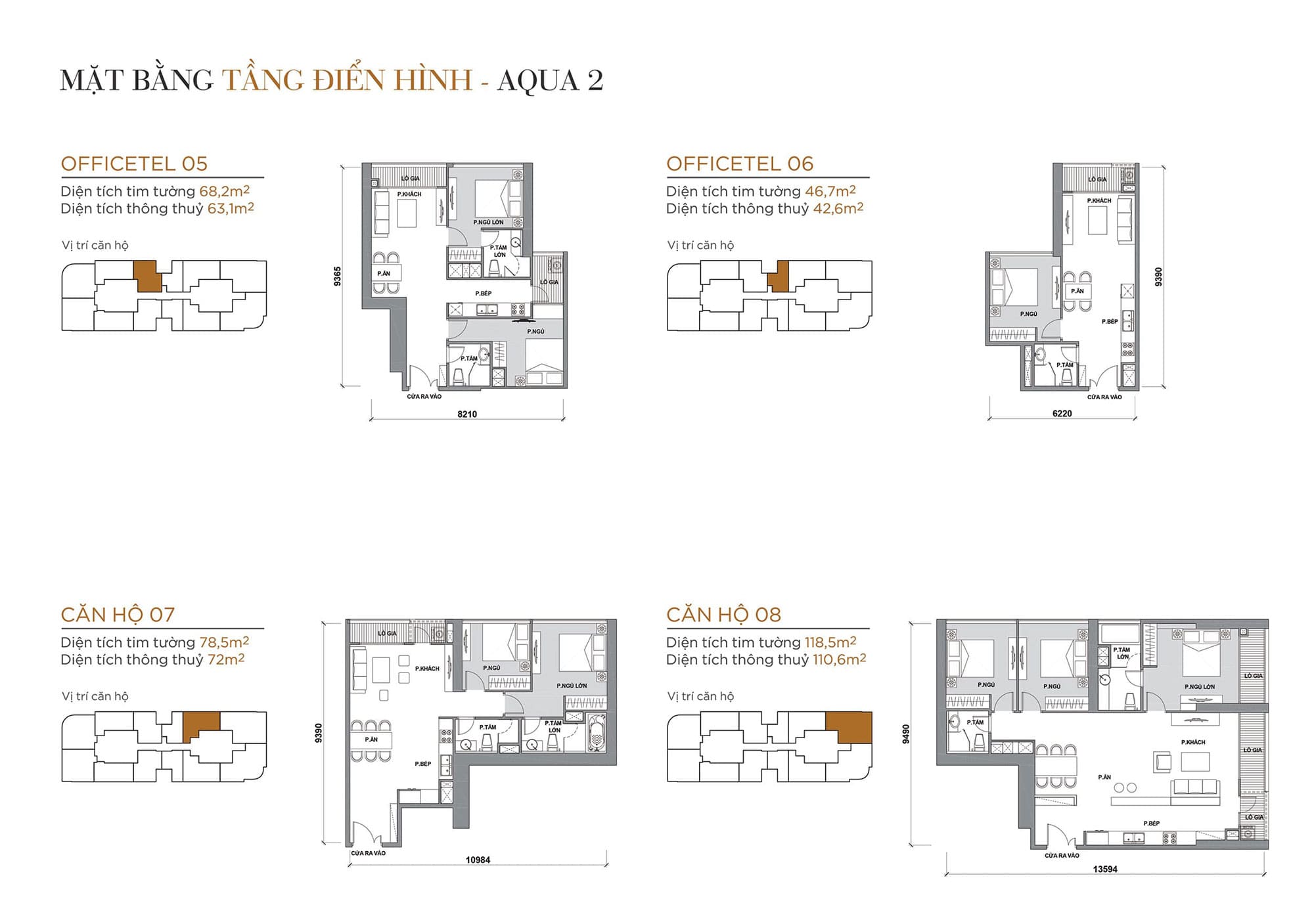 Layout căn hộ tầng điển hình tòa Aqua 2 loại Officetel 05, Officetel 06, Căn hộ 07, Căn hộ 08.