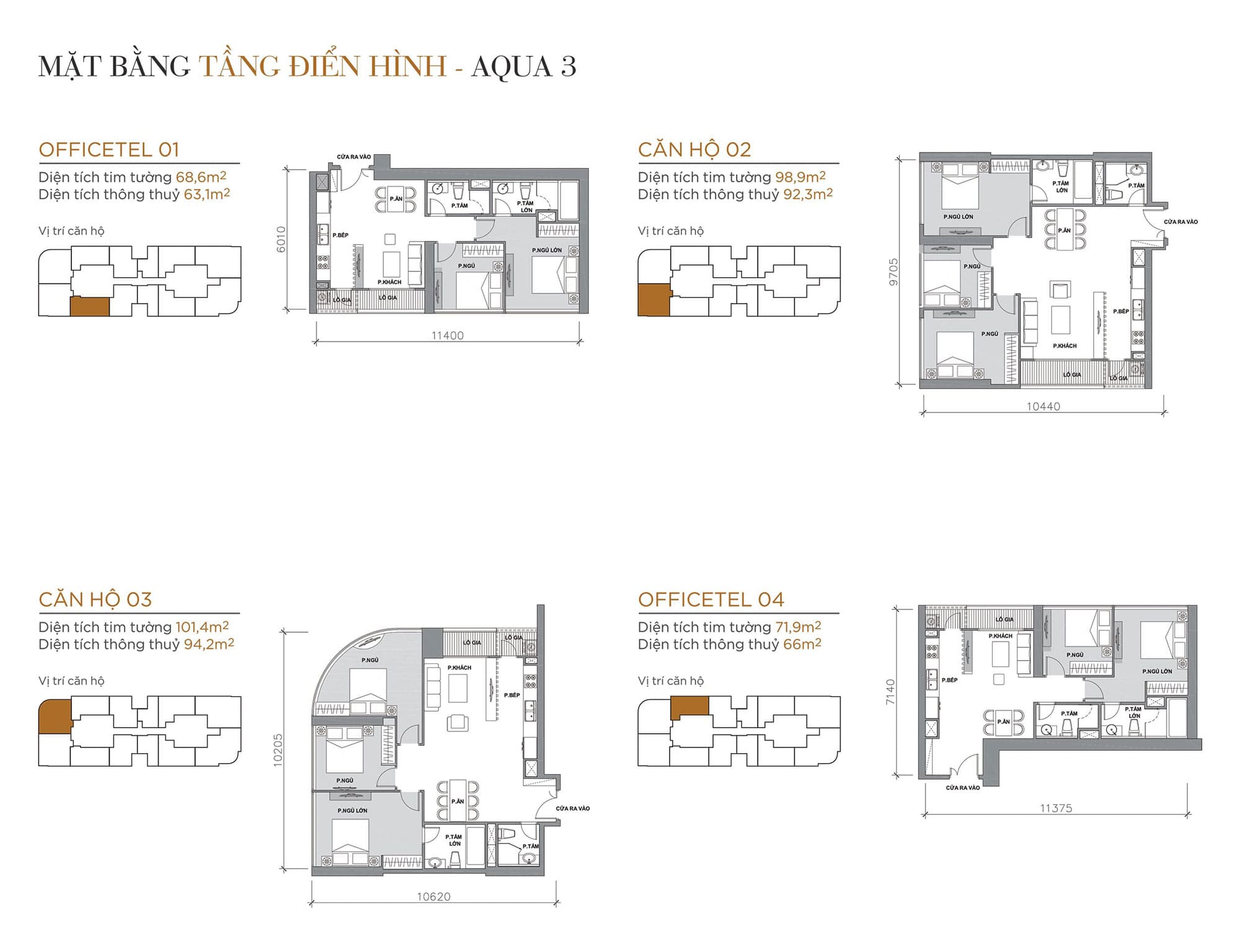 Layout căn hộ tầng điển hình tòa Aqua 3 loại Officetel 01, Căn hộ 02, Căn hộ 03, Officetel 04.
