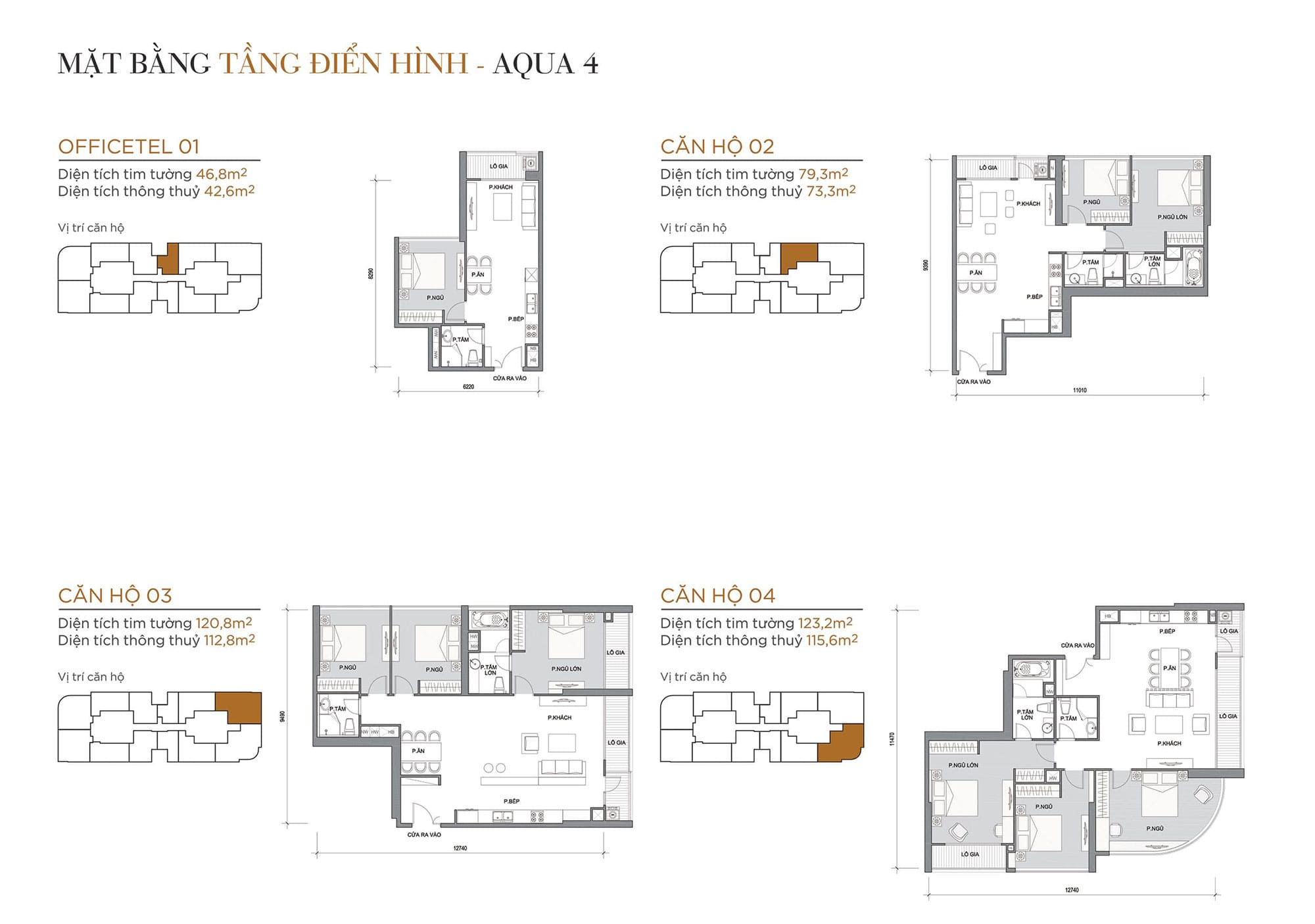 Layout căn hộ tầng điển hình tòa Aqua 4 loại Officetel 01, Căn hộ 02, Căn hộ 03, Căn hộ 04.