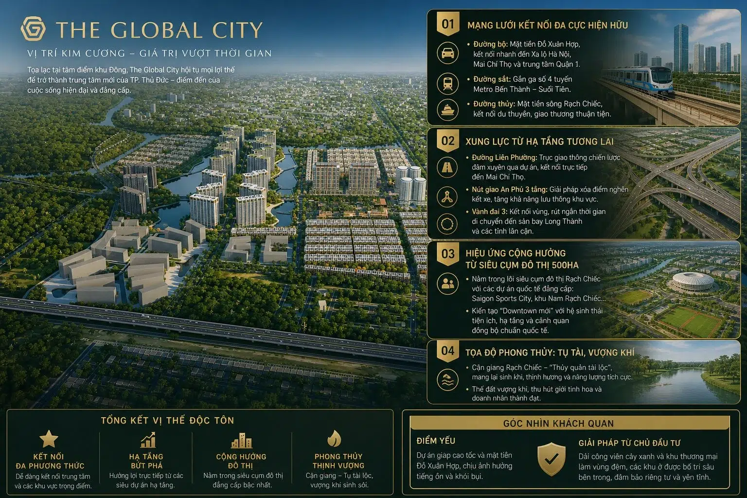 Mạng lưới kết nối đa cực và phong thủy vượng khí tại The Global City Phân tích 4 giá trị cốt lõi về vị trí, hạ tầng, đô thị và phong thủy của The Global City