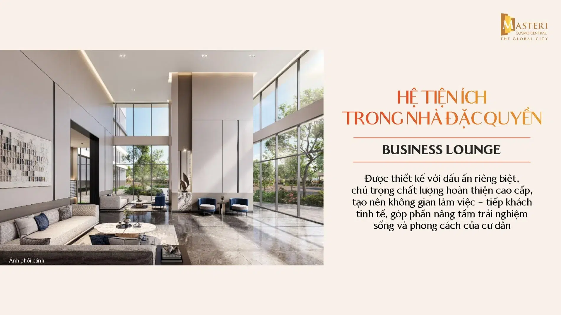 Không gian Business Lounge sang trọng với sofa êm ái, bàn trà tinh tế và tầm nhìn hướng ra khu vườn xanh mát