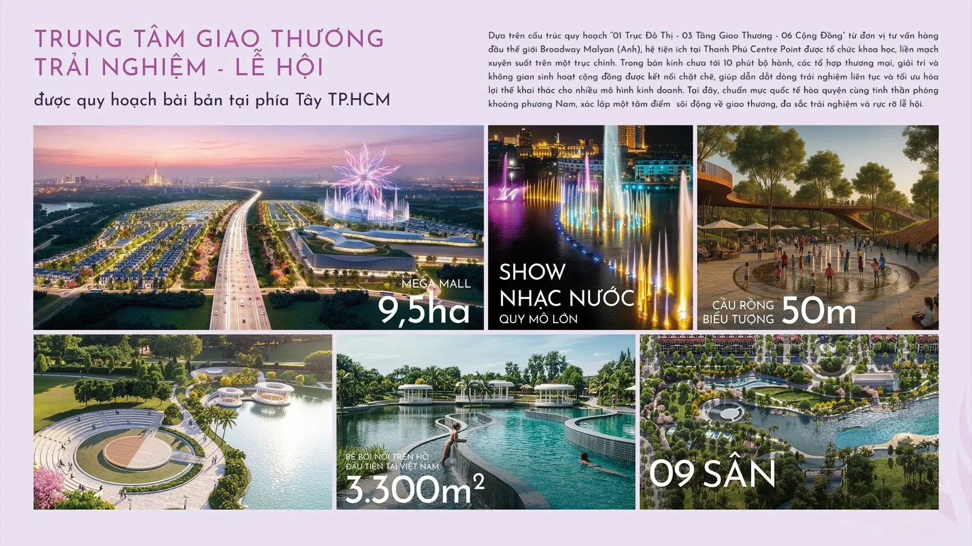 Bảng tổng hợp các tiện ích biểu tượng như Mega Mall, Show nhạc nước và Cầu Rồng tại Thanh Phú Centre Point
