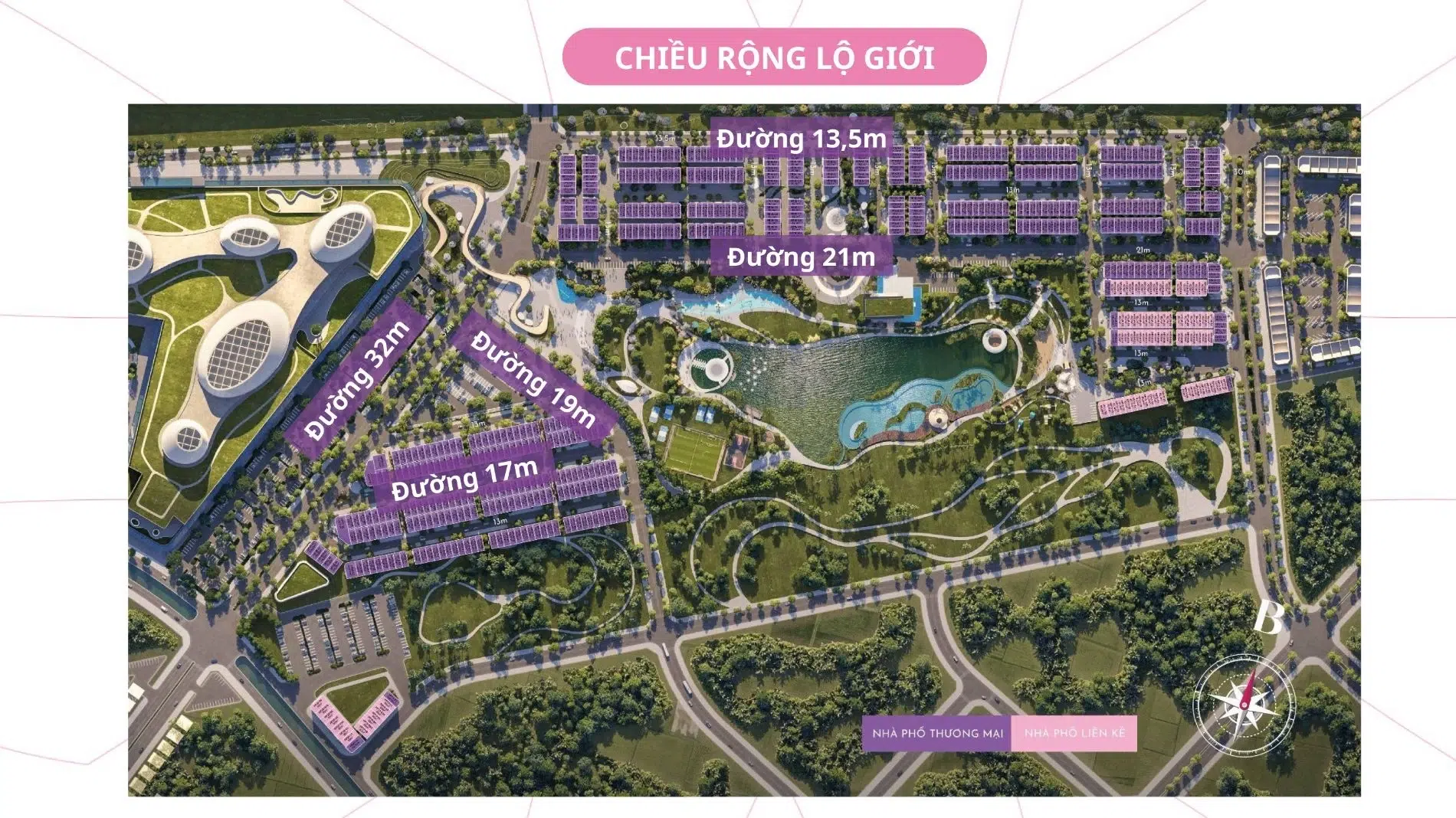 Bản đồ thể hiện chiều rộng các tuyến đường nội khu từ 13.5m đến 32m tại Thanh Phú Centre Point