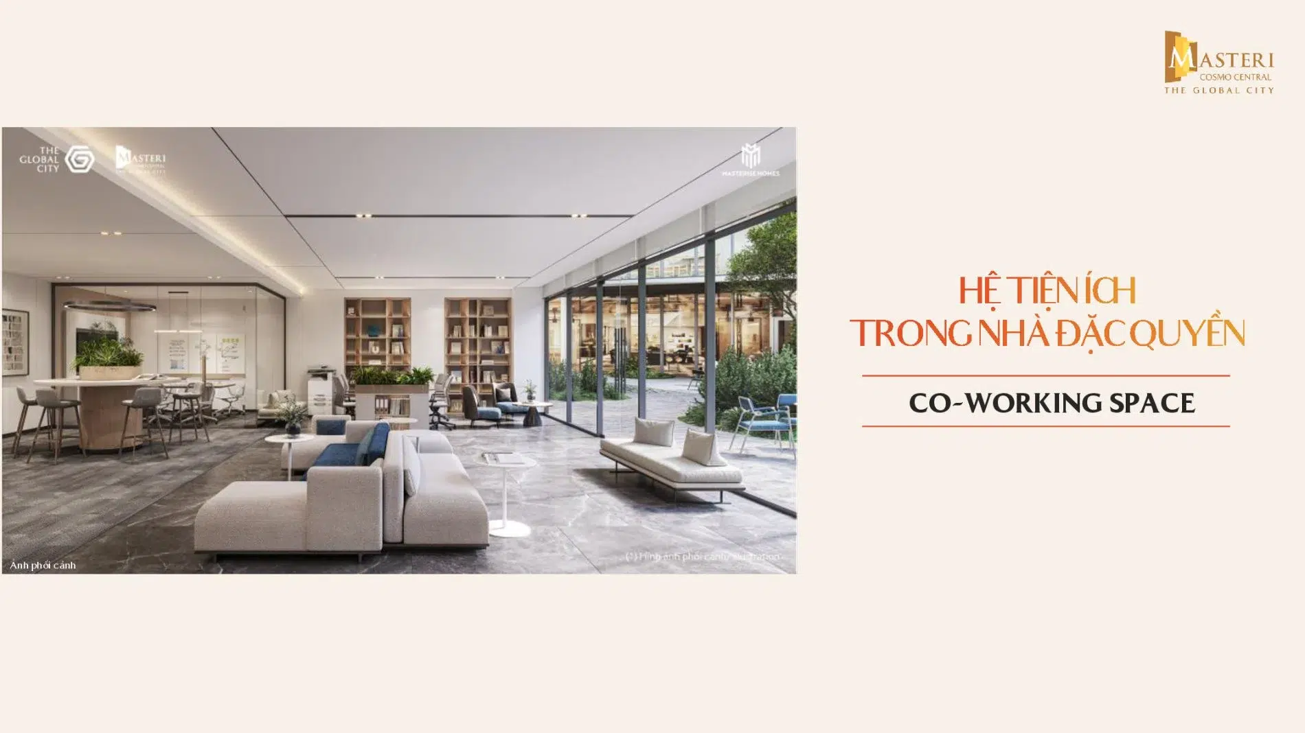 Khu vực làm việc chung Co-working space với bàn ghế công thái học, kệ sách và không gian mở linh hoạt