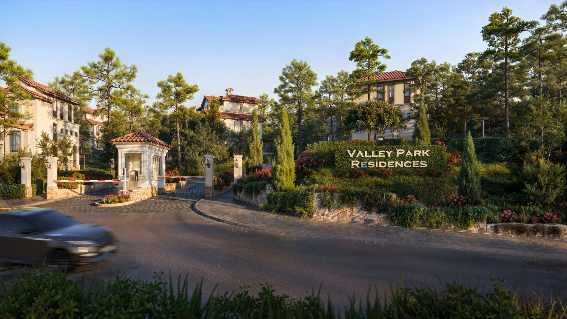 Lối vào sang trọng của phân khu Valley Park Residences với thiết kế cảnh quan xanh mát và hệ thống an ninh khép kín