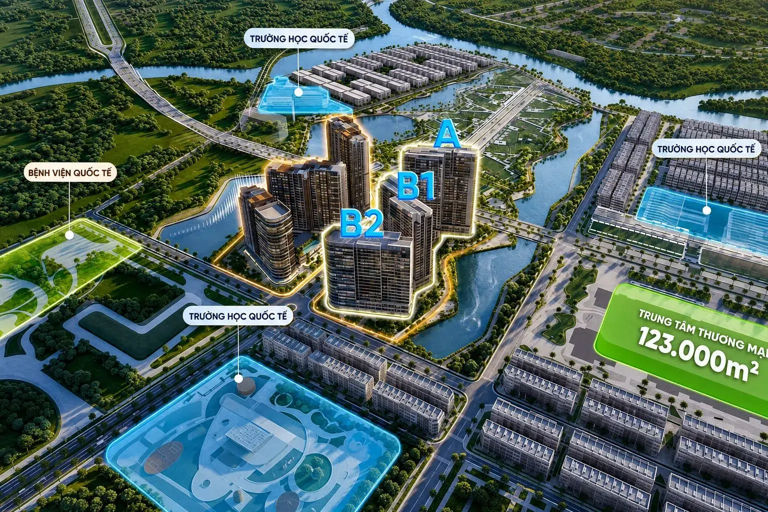 Phối cảnh tổng thể quy hoạch các tòa tháp Masteri Cosmo Central liền kề kênh đào nhạc nước