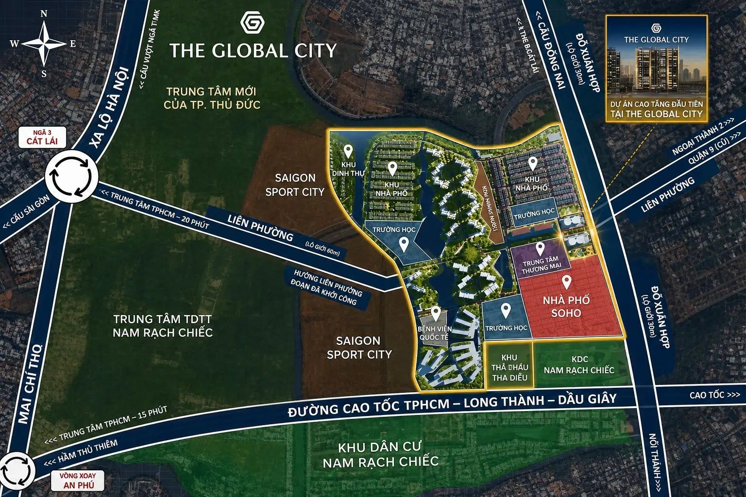 Bản đồ quy hoạch chi tiết các phân khu tại The Global City Sơ đồ phân lô chi tiết các khu nhà phố, biệt thự và tiện ích bên trong The Global City