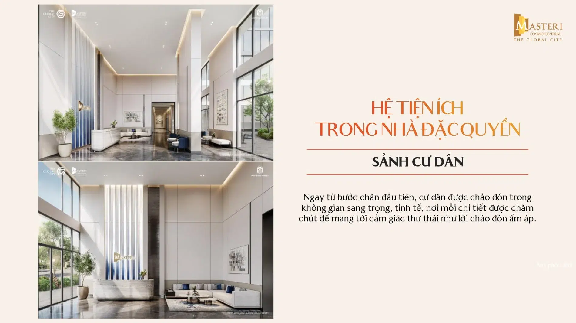 Không gian sảnh đón khách trần cao với thiết kế nội thất hiện đại, vách kính lớn và quầy lễ tân chuyên nghiệp