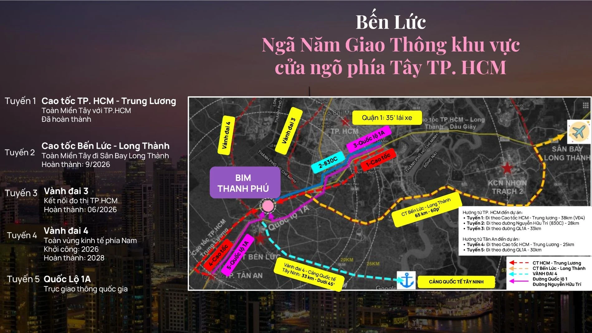 Bản đồ thể hiện 5 tuyến giao thông huyết mạch kết nối từ Bến Lức đến trung tâm thành phố