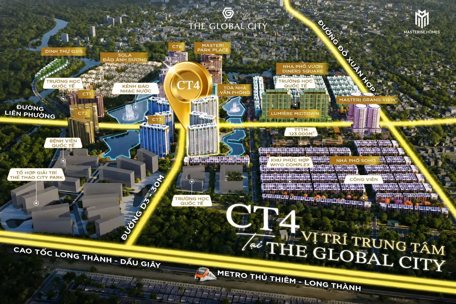 Vị trí phân khu CT4 Masteri Cosmo Central nằm liền kề trung tâm thương mại và kênh đào nhạc nước tại The Global City