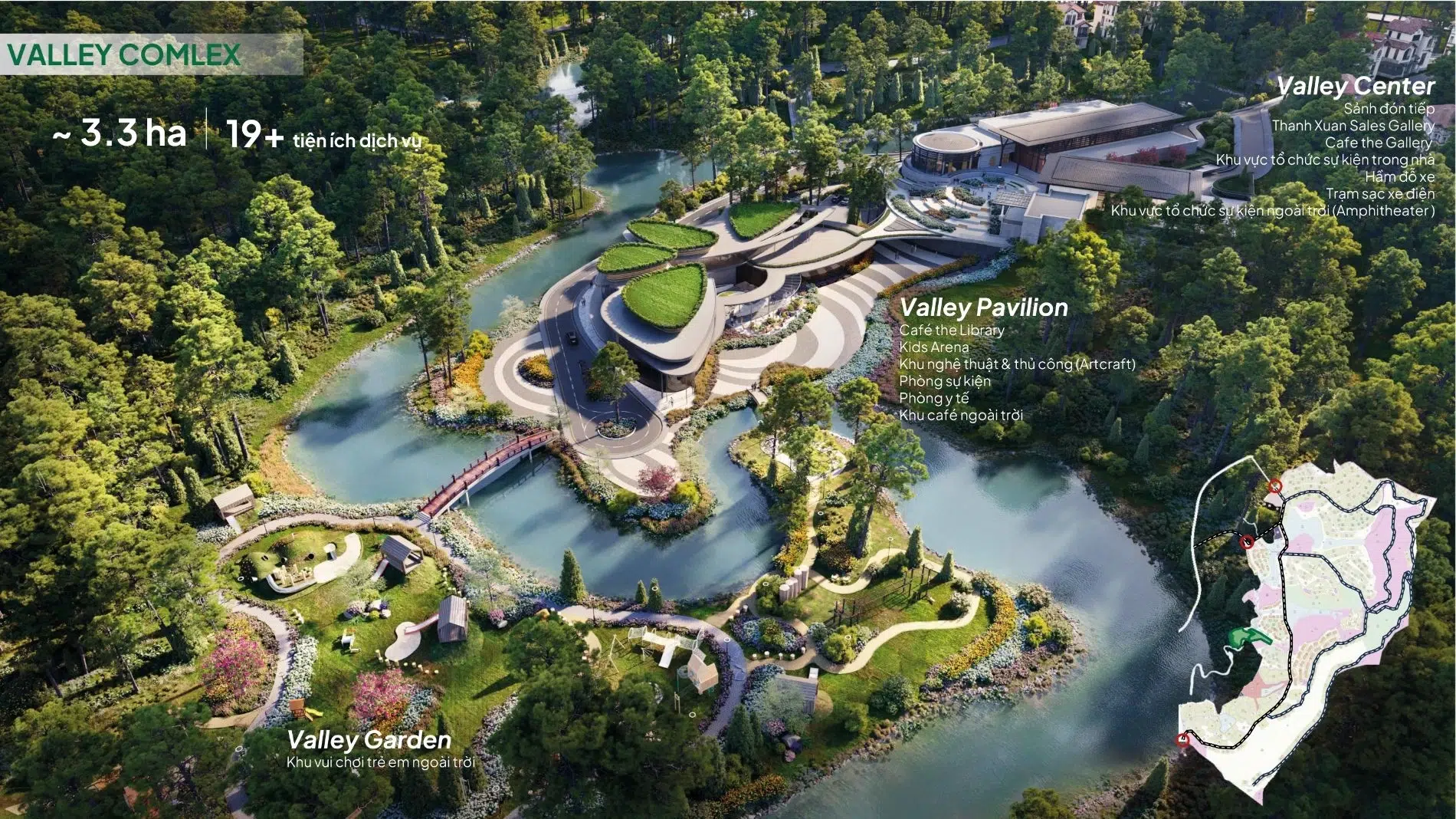 Góc nhìn từ trên cao xuống tổ hợp Valley Complex với kiến trúc mái xanh độc bản