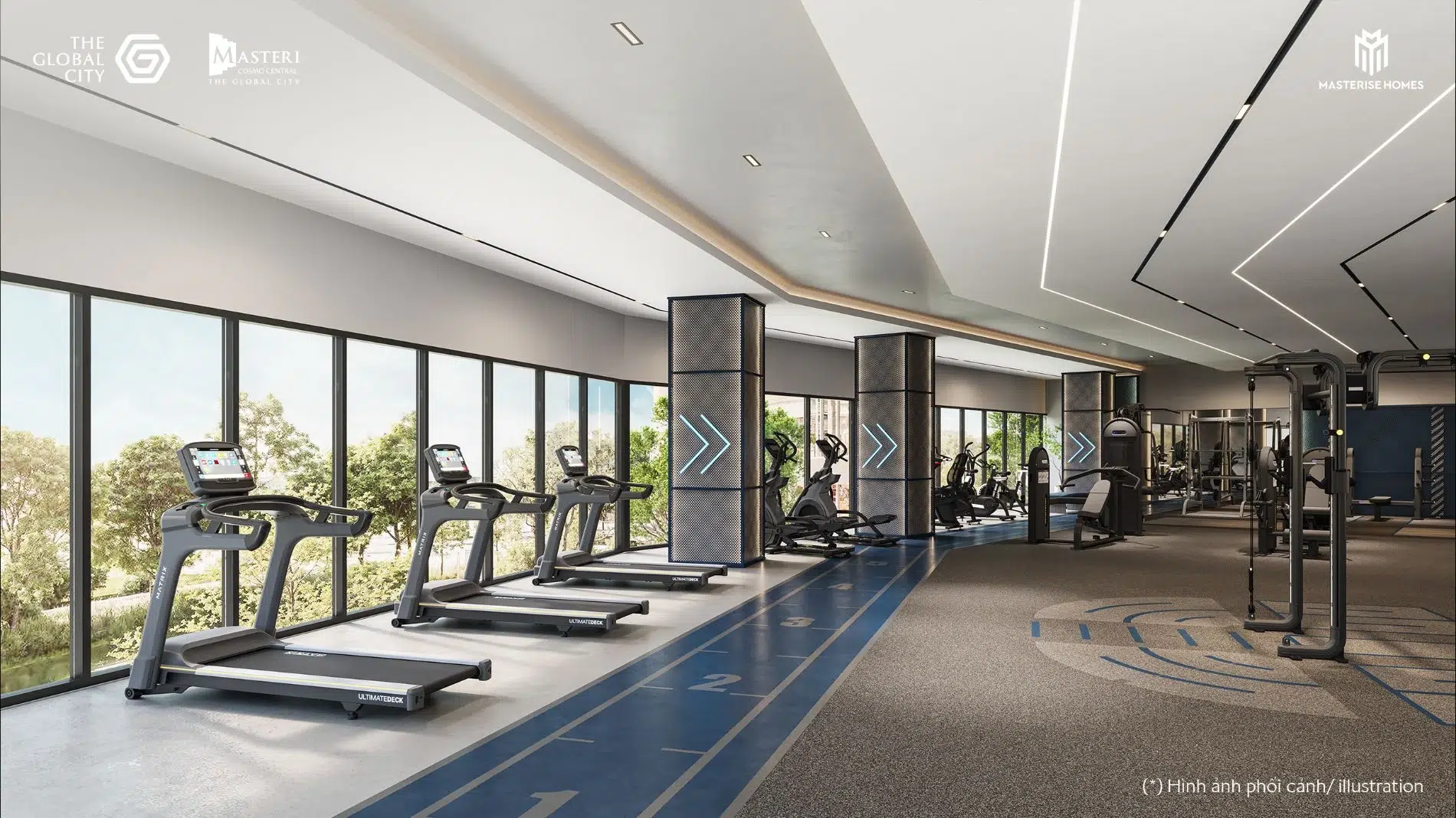 Góc nhìn khác của phòng gym cho thấy không gian tập luyện ngập tràn ánh sáng tự nhiên với tầm nhìn bao quát cảnh quan