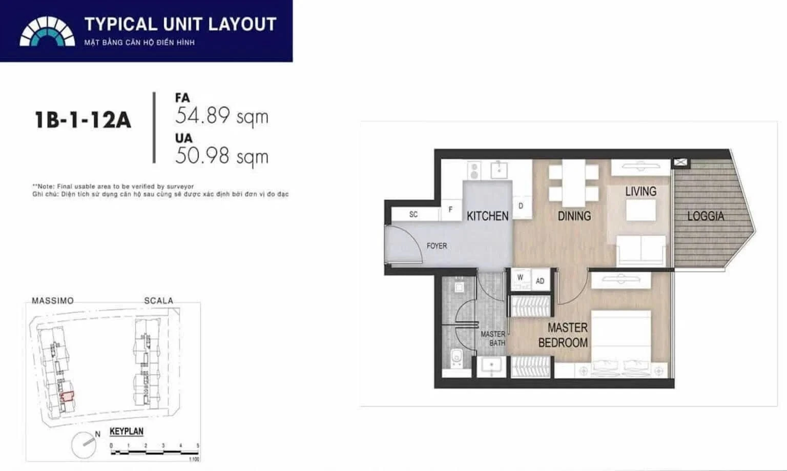 Bản vẽ layout căn hộ 1 phòng ngủ 1B-1-12A tại The Metropole Thủ Thiêm