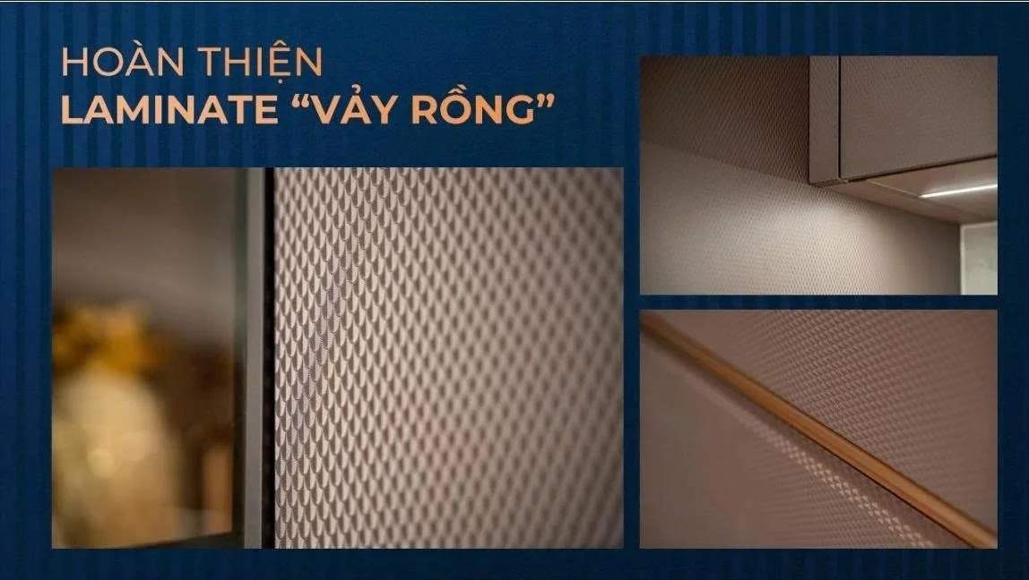 Chất liệu Laminate họa tiết vảy rồng chống trầy xước ứng dụng trên tủ bếp The Privé