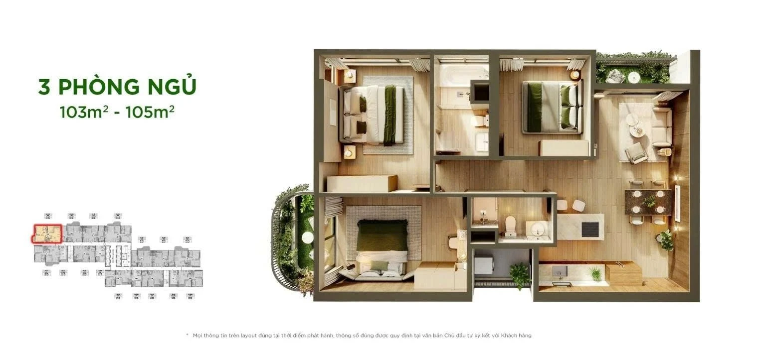 Bản vẽ bóc mái chi tiết layout căn hộ 3 phòng ngủ diện tích 103m2 đến 105m2 Sky Retreat