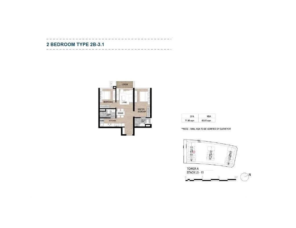 Bản vẽ thiết kế layout căn hộ 2 phòng ngủ Type 2B-3.1 tại The Galleria Residence