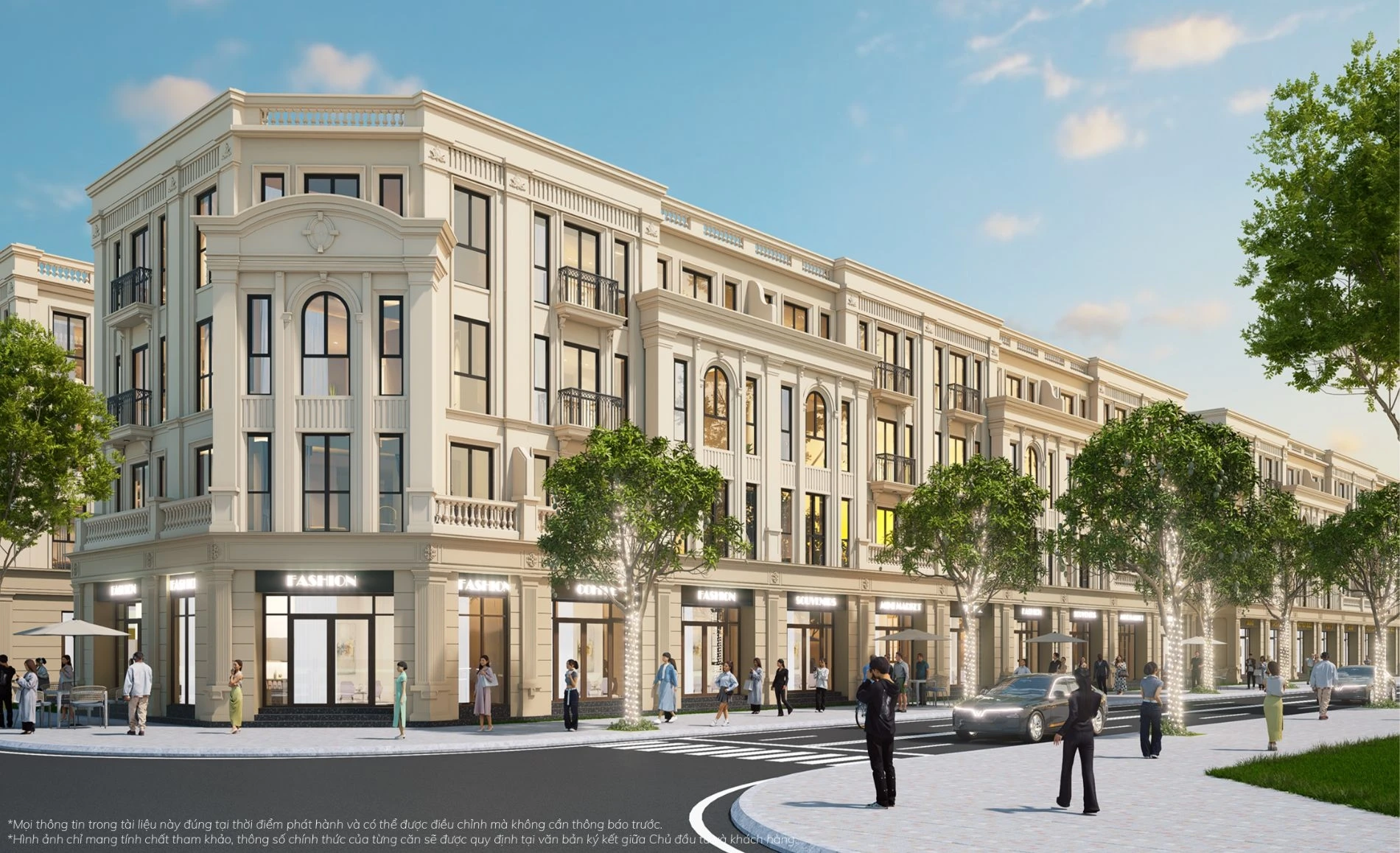 Phối cảnh ban ngày của dãy shophouse thương mại tấp nập khách hàng tại phân khu Vịnh Tiên